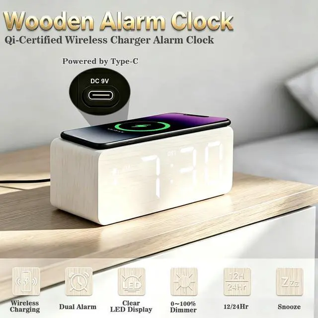 Alt view image 2 of 7 - Wooden Digital Alarm Clock, 10W Fast Wireless Charger Station & 2 USB Charging Ports, with 0~99% Dimmer, Dual Alarm, Weekday/Weekend Mode, Wood LED Clock for Bedroom, Desk, Office