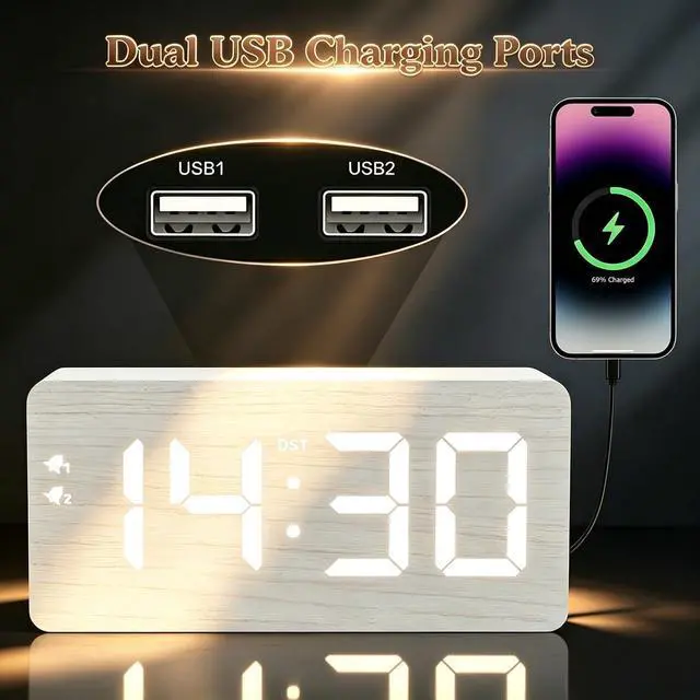 Alt view image 3 of 7 - Wooden Digital Alarm Clock, 10W Fast Wireless Charger Station & 2 USB Charging Ports, with 0~99% Dimmer, Dual Alarm, Weekday/Weekend Mode, Wood LED Clock for Bedroom, Desk, Office