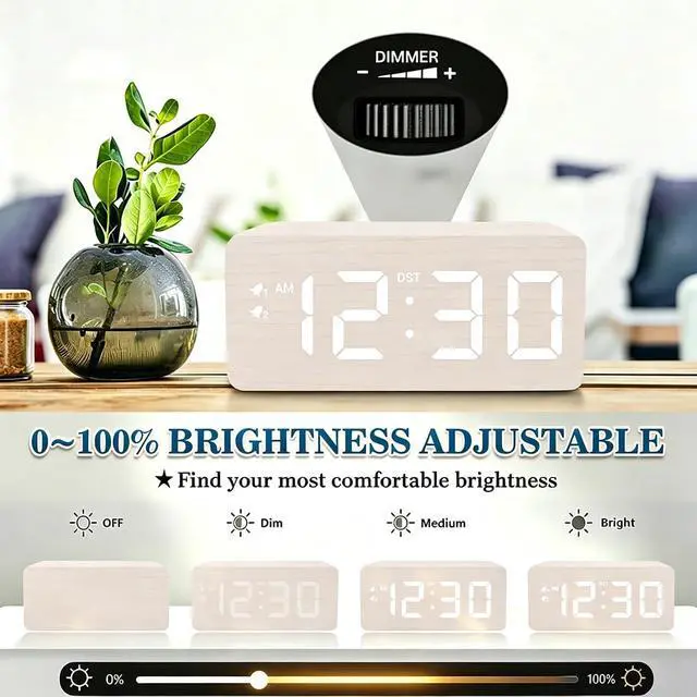 Alt view image 5 of 7 - Wooden Digital Alarm Clock, 10W Fast Wireless Charger Station & 2 USB Charging Ports, with 0~99% Dimmer, Dual Alarm, Weekday/Weekend Mode, Wood LED Clock for Bedroom, Desk, Office