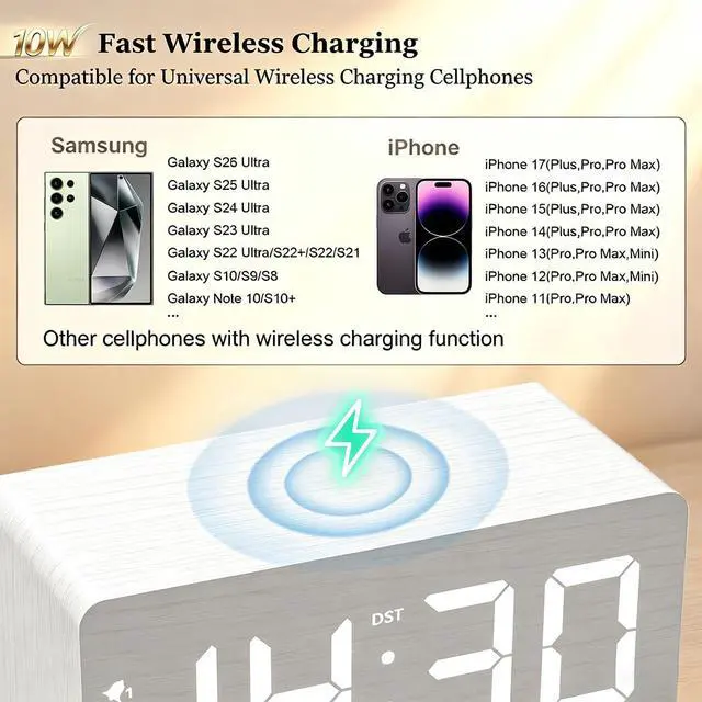 Alt view image 4 of 7 - Wooden Digital Alarm Clock, 10W Fast Wireless Charger Station & 2 USB Charging Ports, with 0~99% Dimmer, Dual Alarm, Weekday/Weekend Mode, Wood LED Clock for Bedroom, Desk, Office