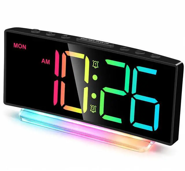 Main image of Digital Alarm Clock - Extra Loud for Heavy Sleepers Adults Teens Kids, Rainbow Bedside Clock for Bedrooms, Large Display, 7 Color Night Light, Weekday & Weekend, 12/24h (Black+Dynamic)