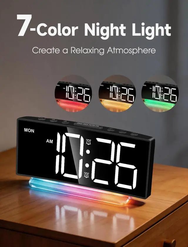 Alt view image 3 of 7 - Digital Alarm Clock - Extra Loud for Heavy Sleepers Adults Teens Kids, Rainbow Bedside Clock for Bedrooms, Large Display, 7 Color Night Light, Weekday & Weekend, 12/24h (Black+Dynamic)