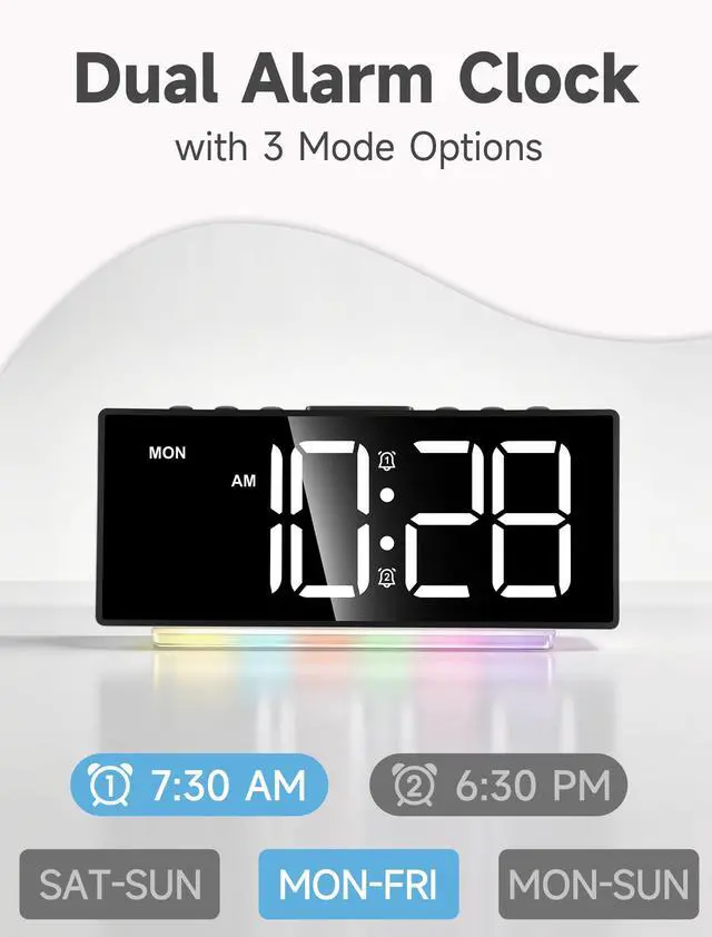 Alt view image 5 of 7 - Digital Alarm Clock - Extra Loud for Heavy Sleepers Adults Teens Kids, Rainbow Bedside Clock for Bedrooms, Large Display, 7 Color Night Light, Weekday & Weekend, 12/24h (Black+Dynamic)