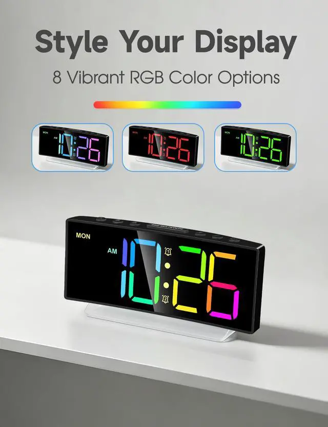 Alt view image 4 of 7 - Digital Alarm Clock - Extra Loud for Heavy Sleepers Adults Teens Kids, Rainbow Bedside Clock for Bedrooms, Large Display, 7 Color Night Light, Weekday & Weekend, 12/24h (Black+Dynamic)
