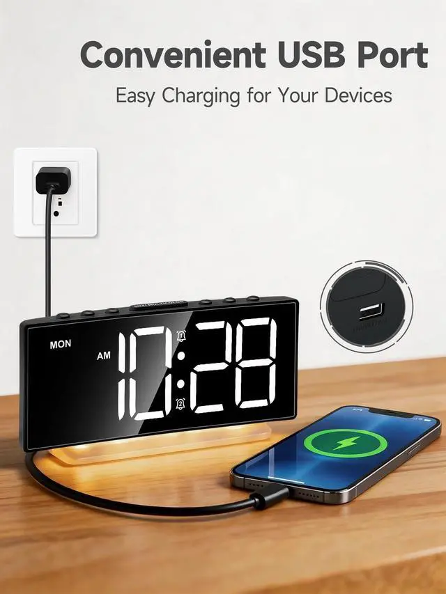 Alt view image 6 of 7 - Digital Alarm Clock - Extra Loud for Heavy Sleepers Adults Teens Kids, Rainbow Bedside Clock for Bedrooms, Large Display, 7 Color Night Light, Weekday & Weekend, 12/24h (Black+Dynamic)