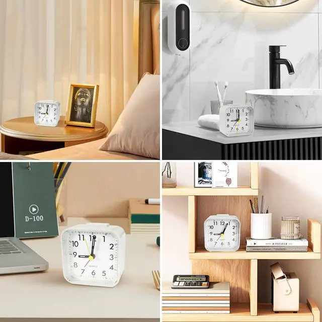 Alt view image 7 of 7 - Small White Kids Desk Battery Alarm Clock, Analog Travel Clock, Quieter Bedside Clocks for Bedrooms Bathroom Living Room Kitchen Shelf