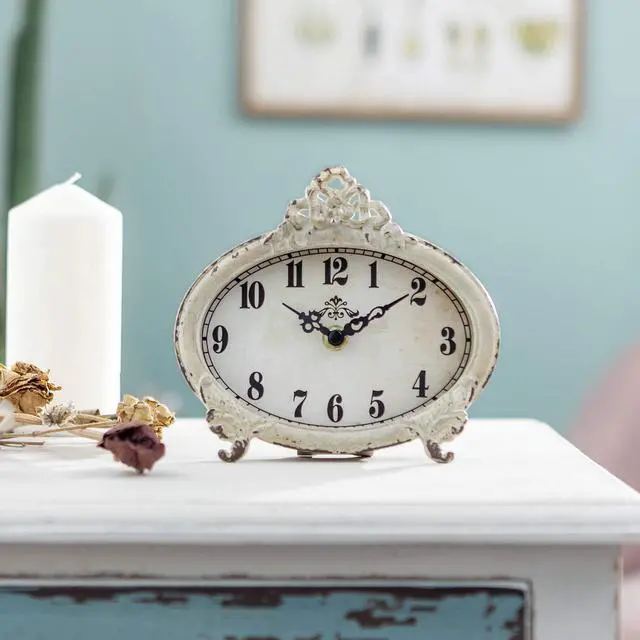Alt view image 2 of 6 - Small Vintage Table Clock Distressed White, Shabby Chic Decor