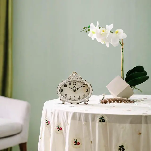 Alt view image 6 of 6 - Small Vintage Table Clock Distressed White, Shabby Chic Decor