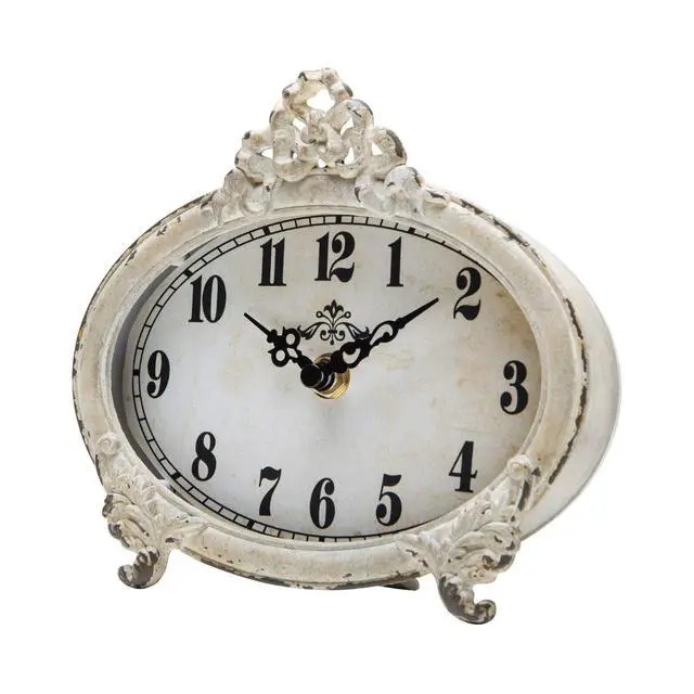 Alt view image 4 of 6 - Small Vintage Table Clock Distressed White, Shabby Chic Decor