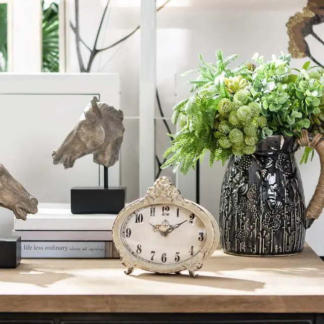 Alt view image 3 of 6 - Small Vintage Table Clock Distressed White, Shabby Chic Decor