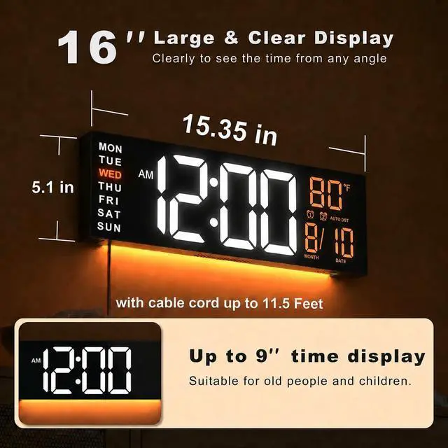 Alt view image 2 of 7 - 16" Large Digital Wall Clock with Remote, Big LED for Seniors, Auto Dimming, 8 RGB Colors, Night Light, Count Down Timer, Alarm, DST, Temperature for Living Room, Back to School Classroom