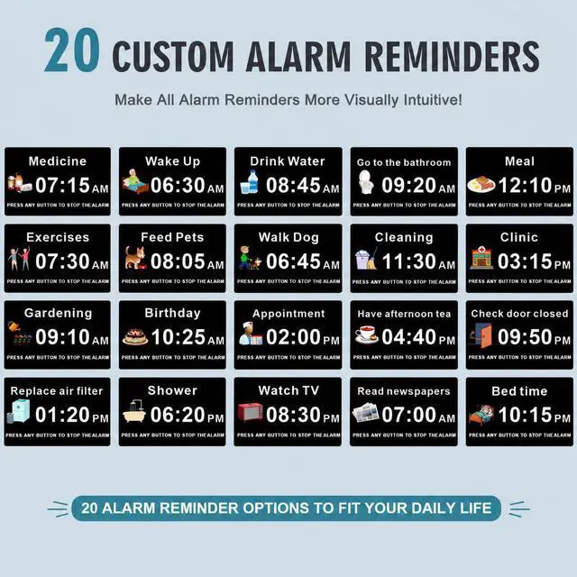Alt view image 4 of 7 - Dementia Digital Clock for Seniors Elderly, 20 Alarm Reminders 3 Ringtones for Memory Loss Alzheimers, Electric Time Date Day Large Display Calendar Clock, Auto DST, 1024 * 600P HD