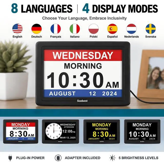 Alt view image 6 of 7 - Dementia Digital Clock for Seniors Elderly, 20 Alarm Reminders 3 Ringtones for Memory Loss Alzheimers, Electric Time Date Day Large Display Calendar Clock, Auto DST, 1024 * 600P HD