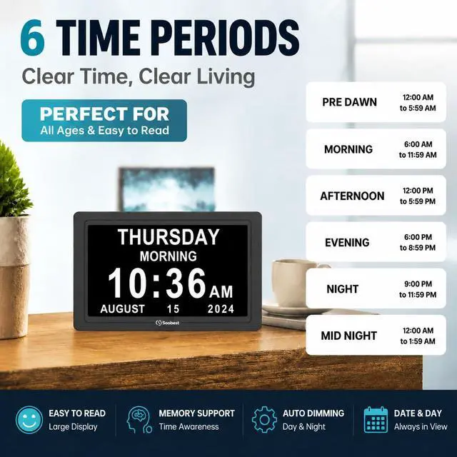 Alt view image 7 of 7 - Dementia Digital Clock for Seniors Elderly, 20 Alarm Reminders 3 Ringtones for Memory Loss Alzheimers, Electric Time Date Day Large Display Calendar Clock, Auto DST, 1024 * 600P HD