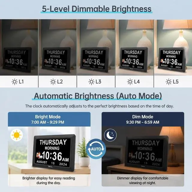Alt view image 5 of 7 - Dementia Digital Clock for Seniors Elderly, 20 Alarm Reminders 3 Ringtones for Memory Loss Alzheimers, Electric Time Date Day Large Display Calendar Clock, Auto DST, 1024 * 600P HD