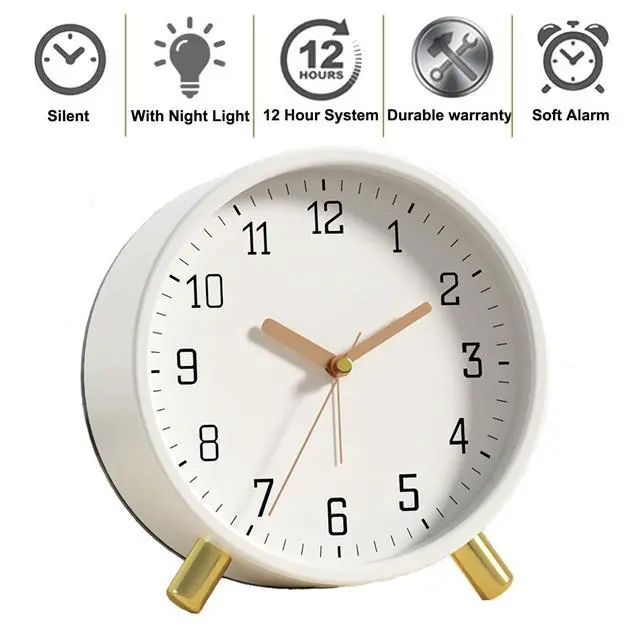 Alt view image 3 of 7 - Alarm Clock with Backlight, 4.5 inches Bedside Analog Non-Ticking Silent Small Deskclock with Arabic Numerals, Battery Operated Round Tableclock for Living Room, Bedroom (White)