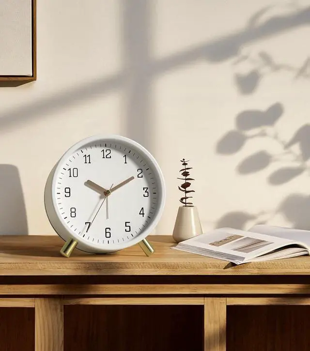 Alt view image 6 of 7 - Alarm Clock with Backlight, 4.5 inches Bedside Analog Non-Ticking Silent Small Deskclock with Arabic Numerals, Battery Operated Round Tableclock for Living Room, Bedroom (White)