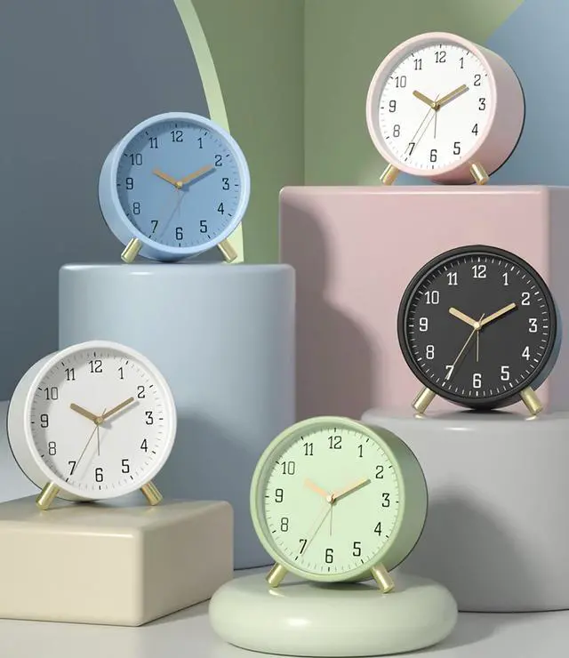 Alt view image 7 of 7 - Alarm Clock with Backlight, 4.5 inches Bedside Analog Non-Ticking Silent Small Deskclock with Arabic Numerals, Battery Operated Round Tableclock for Living Room, Bedroom (White)