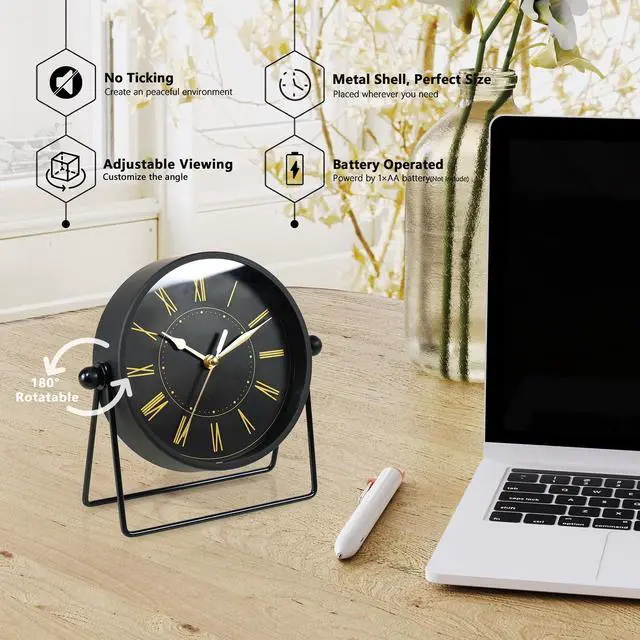 Alt view image 2 of 7 - Vintage Black Metal Desk Clock,Battery Operated Mantel Clocks, Decorative Table Clocks with Adjustable Angle for Fireplace Farmhouse Shelf Living Room Décor (Black/Gold)