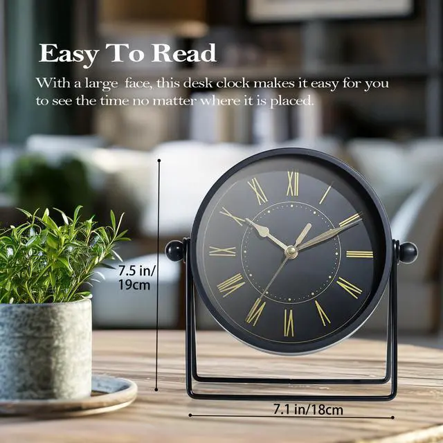 Alt view image 4 of 7 - Vintage Black Metal Desk Clock,Battery Operated Mantel Clocks, Decorative Table Clocks with Adjustable Angle for Fireplace Farmhouse Shelf Living Room Décor (Black/Gold)