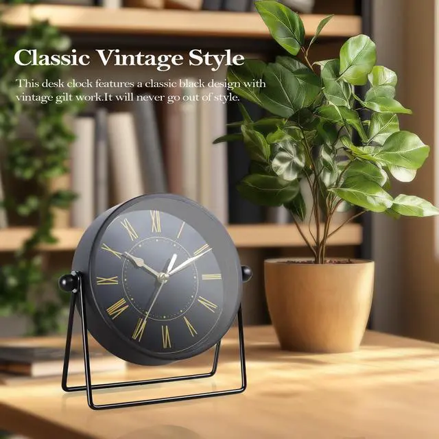 Alt view image 5 of 7 - Vintage Black Metal Desk Clock,Battery Operated Mantel Clocks, Decorative Table Clocks with Adjustable Angle for Fireplace Farmhouse Shelf Living Room Décor (Black/Gold)