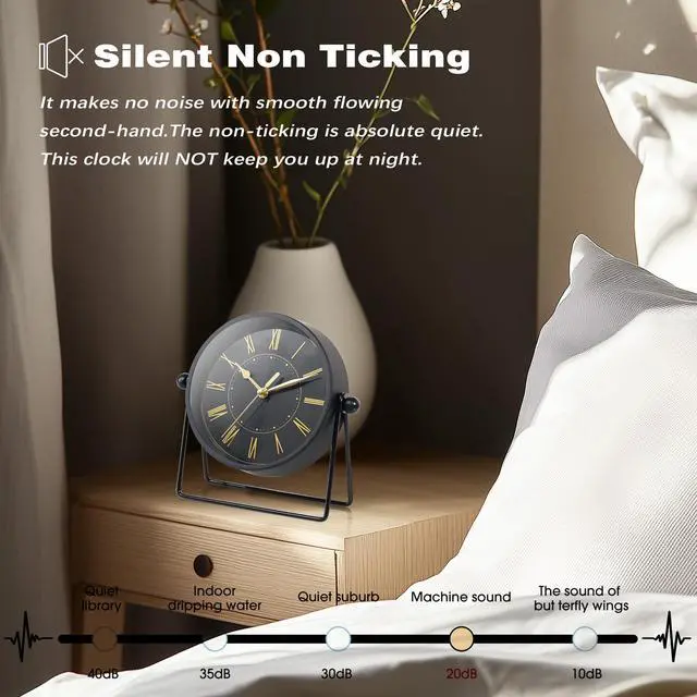 Alt view image 3 of 7 - Vintage Black Metal Desk Clock,Battery Operated Mantel Clocks, Decorative Table Clocks with Adjustable Angle for Fireplace Farmhouse Shelf Living Room Décor (Black/Gold)