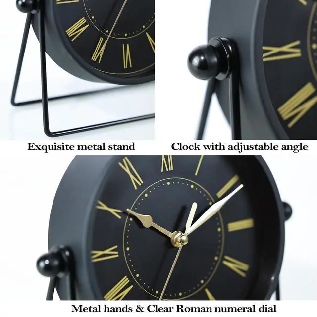 Alt view image 6 of 7 - Vintage Black Metal Desk Clock,Battery Operated Mantel Clocks, Decorative Table Clocks with Adjustable Angle for Fireplace Farmhouse Shelf Living Room Décor (Black/Gold)