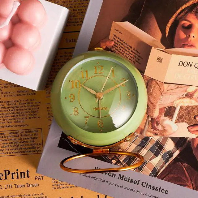 Alt view image 2 of 6 - Metal Desk Clock, Retro Bedroom Table Vintage Analog Alarm Clock, Silent Non-Ticking Gold Clock, Bedside Décor(Olive-Green)