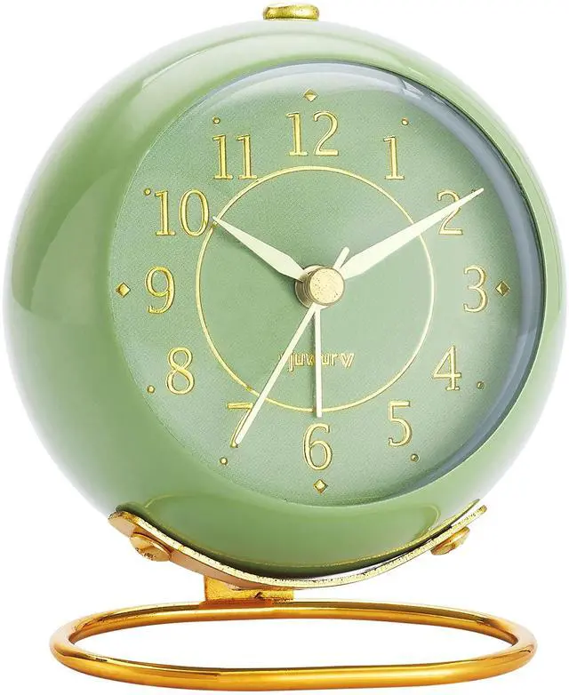 Main image of Metal Desk Clock, Retro Bedroom Table Vintage Analog Alarm Clock, Silent Non-Ticking Gold Clock, Bedside Décor(Olive-Green)
