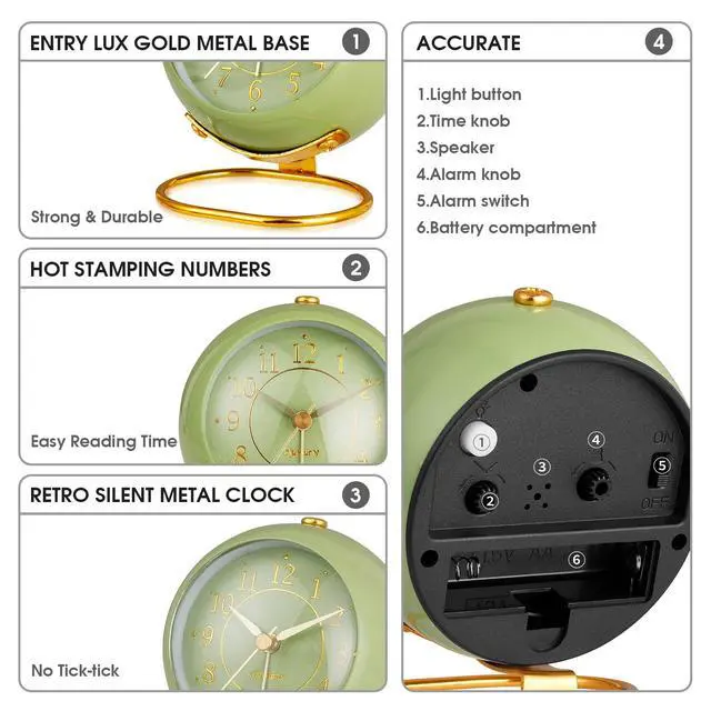 Alt view image 3 of 6 - Metal Desk Clock, Retro Bedroom Table Vintage Analog Alarm Clock, Silent Non-Ticking Gold Clock, Bedside Décor(Olive-Green)