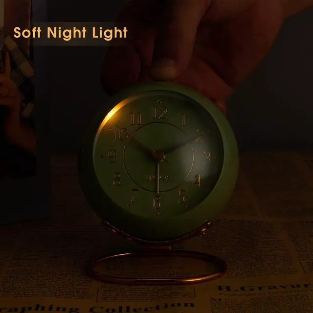 Alt view image 5 of 6 - Metal Desk Clock, Retro Bedroom Table Vintage Analog Alarm Clock, Silent Non-Ticking Gold Clock, Bedside Décor(Olive-Green)