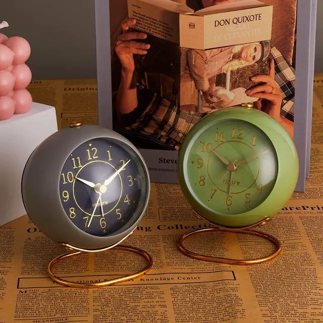 Alt view image 4 of 6 - Metal Desk Clock, Retro Bedroom Table Vintage Analog Alarm Clock, Silent Non-Ticking Gold Clock, Bedside Décor(Olive-Green)