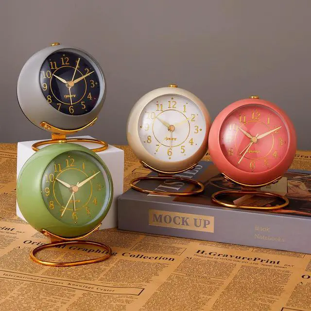 Alt view image 6 of 6 - Metal Desk Clock, Retro Bedroom Table Vintage Analog Alarm Clock, Silent Non-Ticking Gold Clock, Bedside Décor(Olive-Green)
