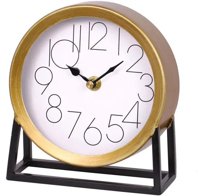 Main image of Modern Golden Table Clock on Stand, Decorative Desk and Shelf Clock, Mantel Clock Farmhouse Clock Non-Ticking, Home Décor for Living Room, Bedroom, Bedside, Desk, Gift Clock (Gold)