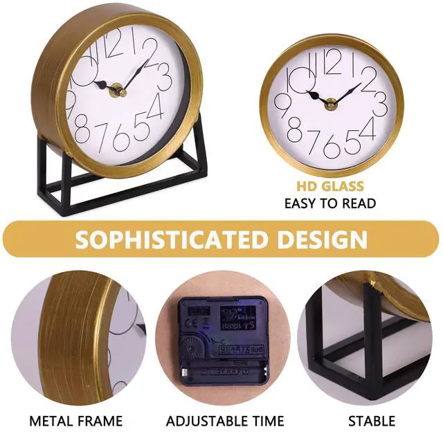 Alt view image 2 of 5 - Modern Golden Table Clock on Stand, Decorative Desk and Shelf Clock, Mantel Clock Farmhouse Clock Non-Ticking, Home Décor for Living Room, Bedroom, Bedside, Desk, Gift Clock (Gold)