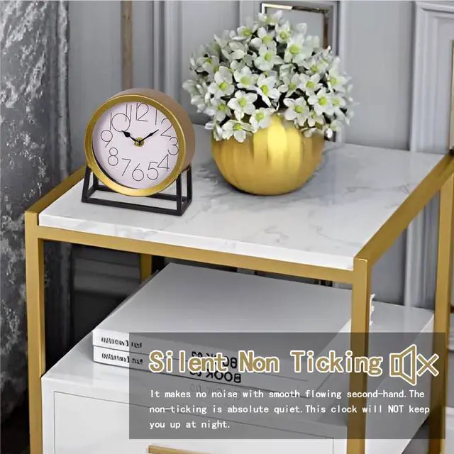 Alt view image 5 of 5 - Modern Golden Table Clock on Stand, Decorative Desk and Shelf Clock, Mantel Clock Farmhouse Clock Non-Ticking, Home Décor for Living Room, Bedroom, Bedside, Desk, Gift Clock (Gold)