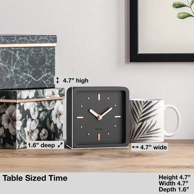 Alt view image 4 of 6 - Modern Mid Century Desk & Shelf Clock (Black Rose Gold) - Battery Operated with Silent, Analog Movement Small Tabletop Clocks for Office Perfect for Mantle, End Table, Desktop or Nightstand