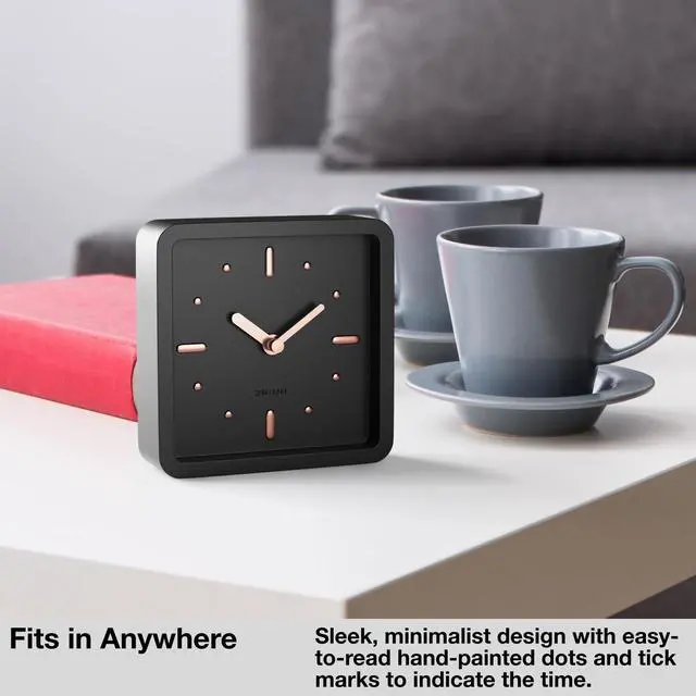 Alt view image 2 of 6 - Modern Mid Century Desk & Shelf Clock (Black Rose Gold) - Battery Operated with Silent, Analog Movement Small Tabletop Clocks for Office Perfect for Mantle, End Table, Desktop or Nightstand