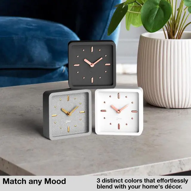 Alt view image 6 of 6 - Modern Mid Century Desk & Shelf Clock (Black Rose Gold) - Battery Operated with Silent, Analog Movement Small Tabletop Clocks for Office Perfect for Mantle, End Table, Desktop or Nightstand