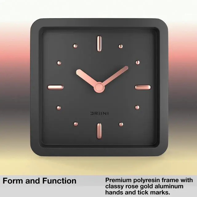 Alt view image 3 of 6 - Modern Mid Century Desk & Shelf Clock (Black Rose Gold) - Battery Operated with Silent, Analog Movement Small Tabletop Clocks for Office Perfect for Mantle, End Table, Desktop or Nightstand