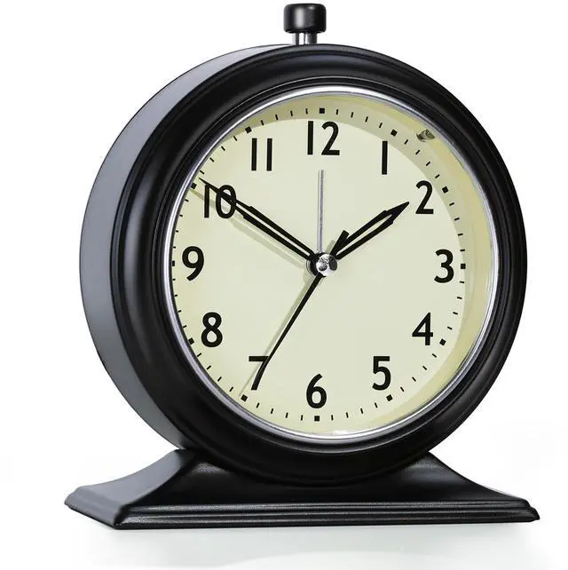 Main image of 4-inch Battery Operated Alarm Clock Silent Analog Desk Clocks with Light Vintage Metal Table Clock for Living Room Shelf Bedside Home Decor (Black)