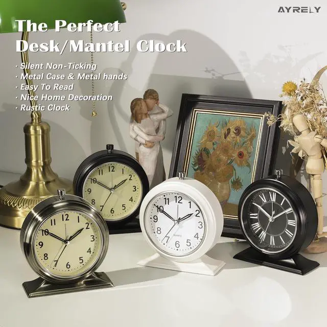 Alt view image 2 of 6 - 4-inch Battery Operated Alarm Clock Silent Analog Desk Clocks with Light Vintage Metal Table Clock for Living Room Shelf Bedside Home Decor (Black)