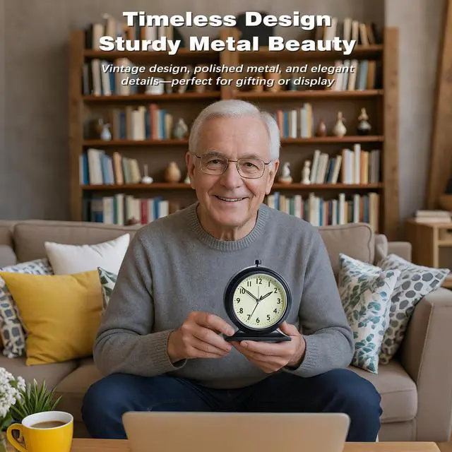 Alt view image 3 of 6 - 4-inch Battery Operated Alarm Clock Silent Analog Desk Clocks with Light Vintage Metal Table Clock for Living Room Shelf Bedside Home Decor (Black)
