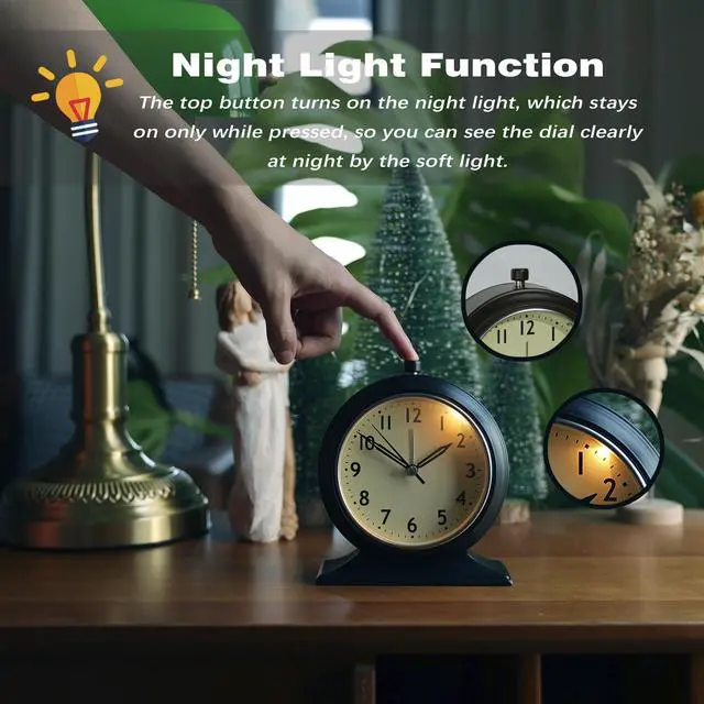 Alt view image 6 of 6 - 4-inch Battery Operated Alarm Clock Silent Analog Desk Clocks with Light Vintage Metal Table Clock for Living Room Shelf Bedside Home Decor (Black)