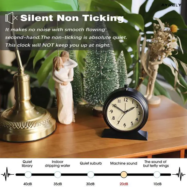 Alt view image 5 of 6 - 4-inch Battery Operated Alarm Clock Silent Analog Desk Clocks with Light Vintage Metal Table Clock for Living Room Shelf Bedside Home Decor (Black)