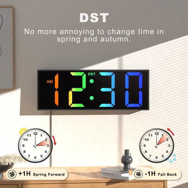 Alt view image 5 of 7 - 12" Large Digital Wall Clock, Big LED Number Dispaly, Remote Control, RGB Colors, DST, Night Light for Classroom Living Room Bedroom Birthday Gift for Senior, Men Women (Black, 12 inches)