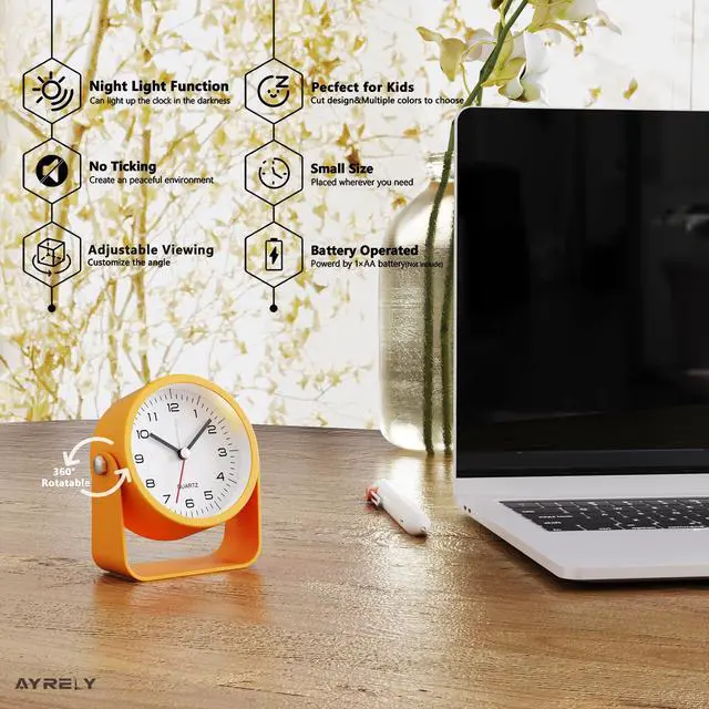 Alt view image 2 of 7 - 3.5 Inch Small Analog Alarm Clocks,Battery Operated Desk Clock,Cute Table Clock with LightAdjustable Angle for Travel,Bedside,Bedroom,Kids,Living Room Decor(Orange)