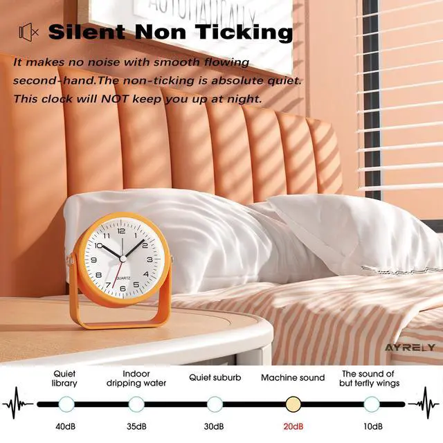 Alt view image 6 of 7 - 3.5 Inch Small Analog Alarm Clocks,Battery Operated Desk Clock,Cute Table Clock with LightAdjustable Angle for Travel,Bedside,Bedroom,Kids,Living Room Decor(Orange)