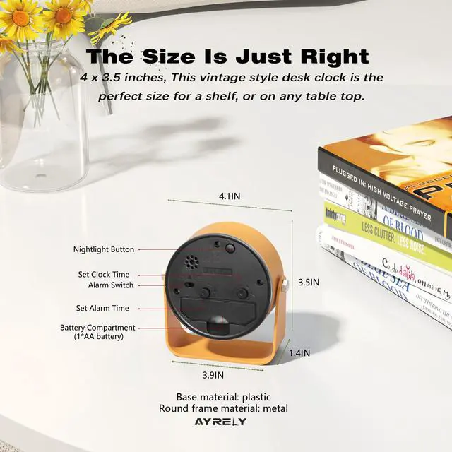 Alt view image 7 of 7 - 3.5 Inch Small Analog Alarm Clocks,Battery Operated Desk Clock,Cute Table Clock with LightAdjustable Angle for Travel,Bedside,Bedroom,Kids,Living Room Decor(Orange)