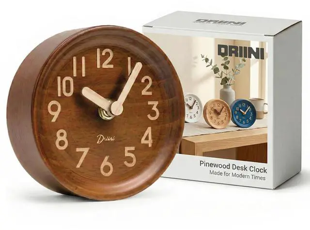 Main image of Wooden Analog Desktop Clock 4.3 in. Decorative Pinewood, No-Tick Design Easy to Read Silent Sweep Mantle Clock Quiet Tabletop Clocks with Wood Body, Hands, & Battery Cover; Dark